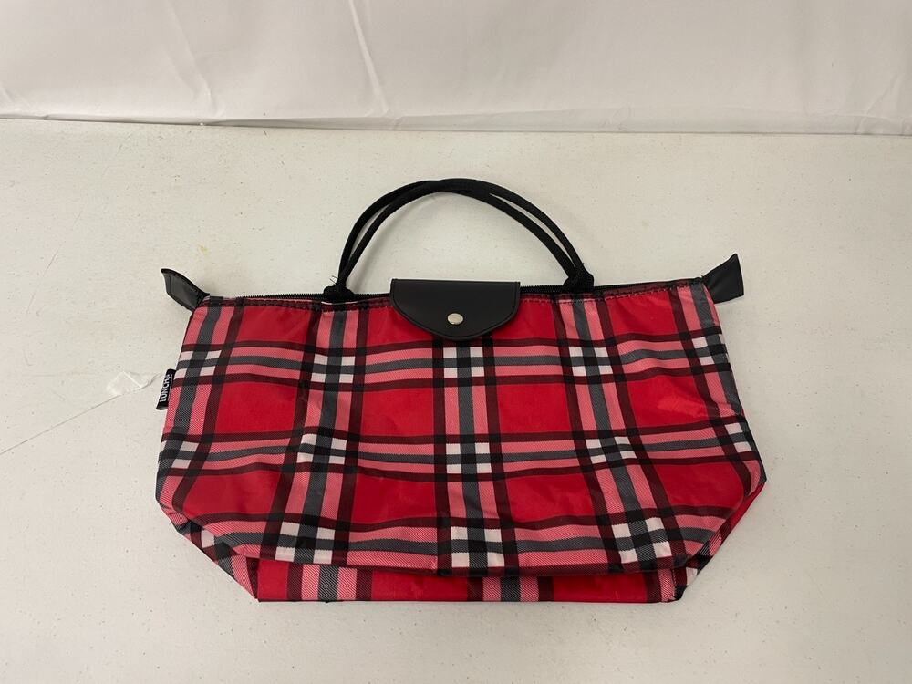 Lunch To Go Red Plaid Checkered Pattern Insulated Fold Tote Bag
